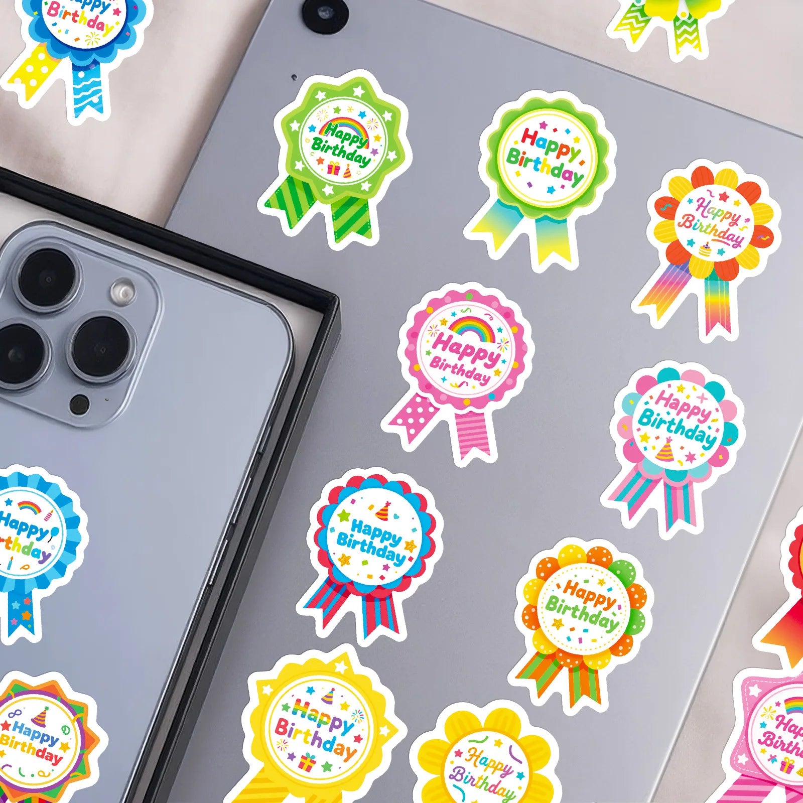 56/112 Pcs Happy Birthday Colorful Badge Stickers for Party Decor Reward Drawer, Desk School Supplies Fridge Suitcase Desk