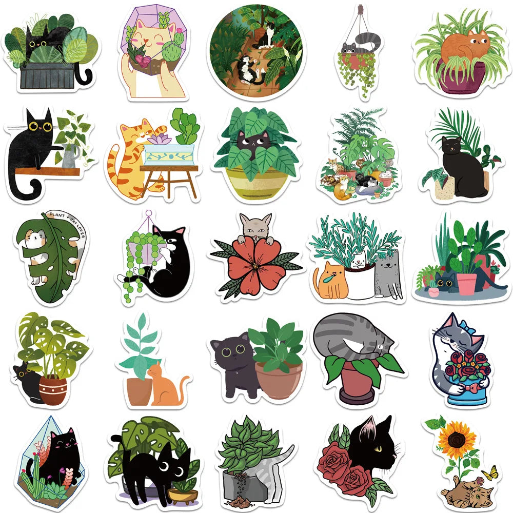 50PCS Cartoon Cat Plant Personalized Graffiti Creative Sticker Desk Refrigerator Mobile Phone Skateboard Decoration
