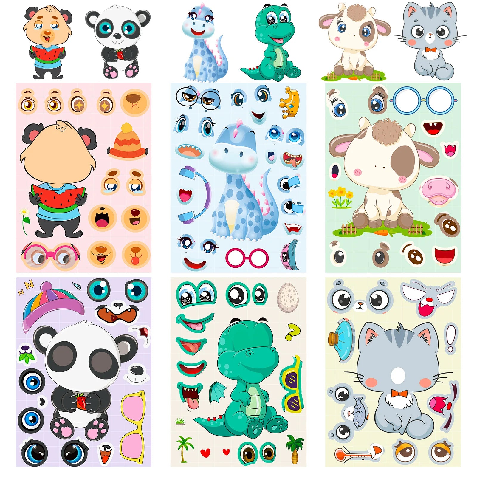 6/12 Pcs Large Cartoon Animal Make A Face Puzzle Relocatable Stickers DIY Game for Scrapbook Desk Stationery Box Helmet Phone
