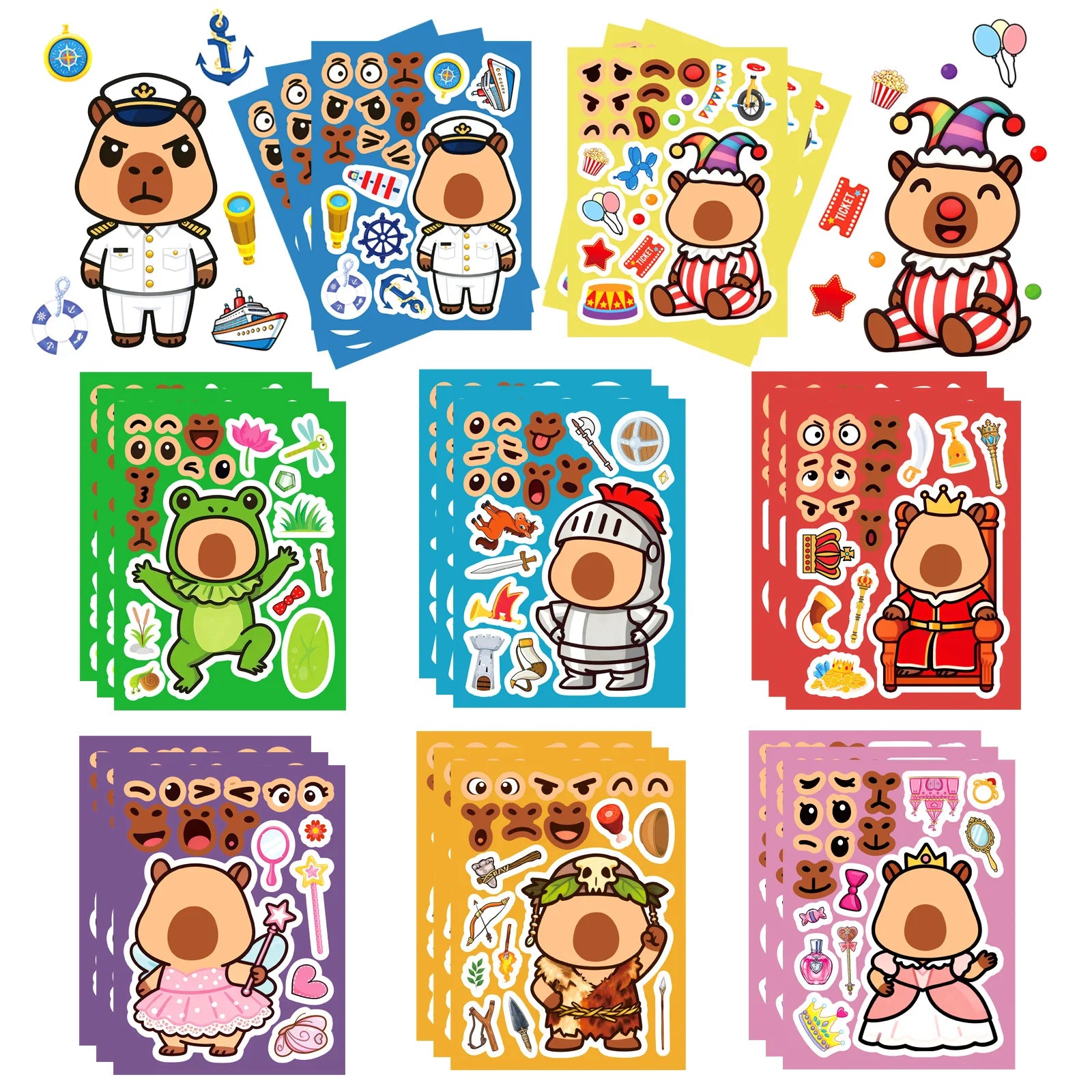 8-Pack Adorable Cartoon Capybara Make a Face Stickers for Kids Educational DIY Game Notebook Luggage Fridge