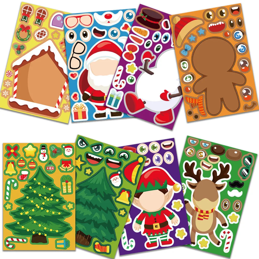 8Pcs Puzzle Cartoon Christmas Snowman Party Make a Face Stickers Handicrafts Waterproof Stickers