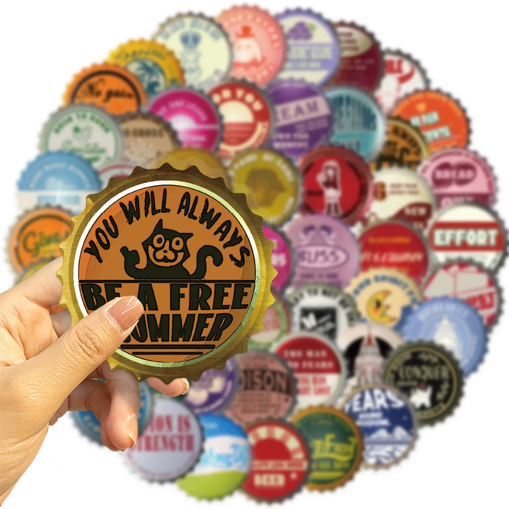 ‌50/100Pcs Retro Bottle Cap Stickers Unique Non-repeating Waterproof Decals for Fridge, Notebook, Guitar, Helmet, Car, Bicycle