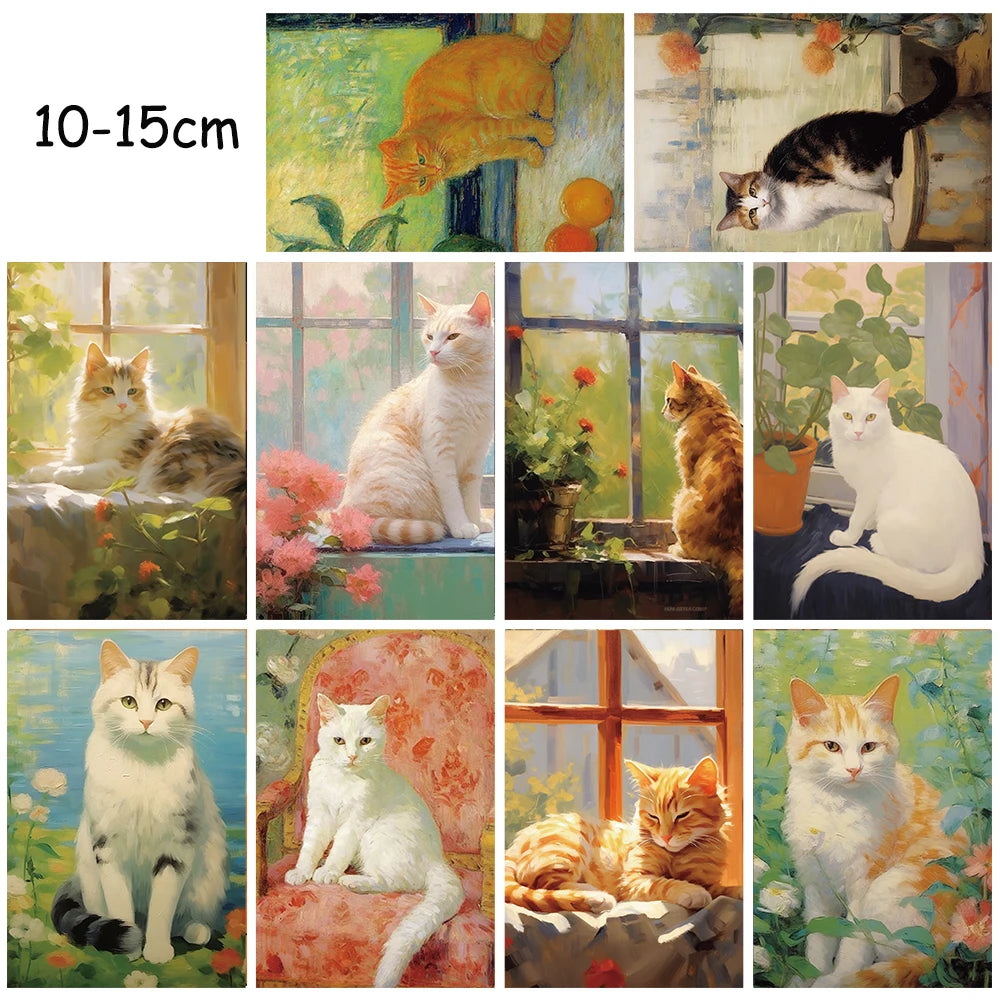 10PCS 10×15CM Oil Painting Of A Kitten Posters Sticker Graffiti Cafe Laptop Wall Decor For Room Creative Art Pictures Sticker