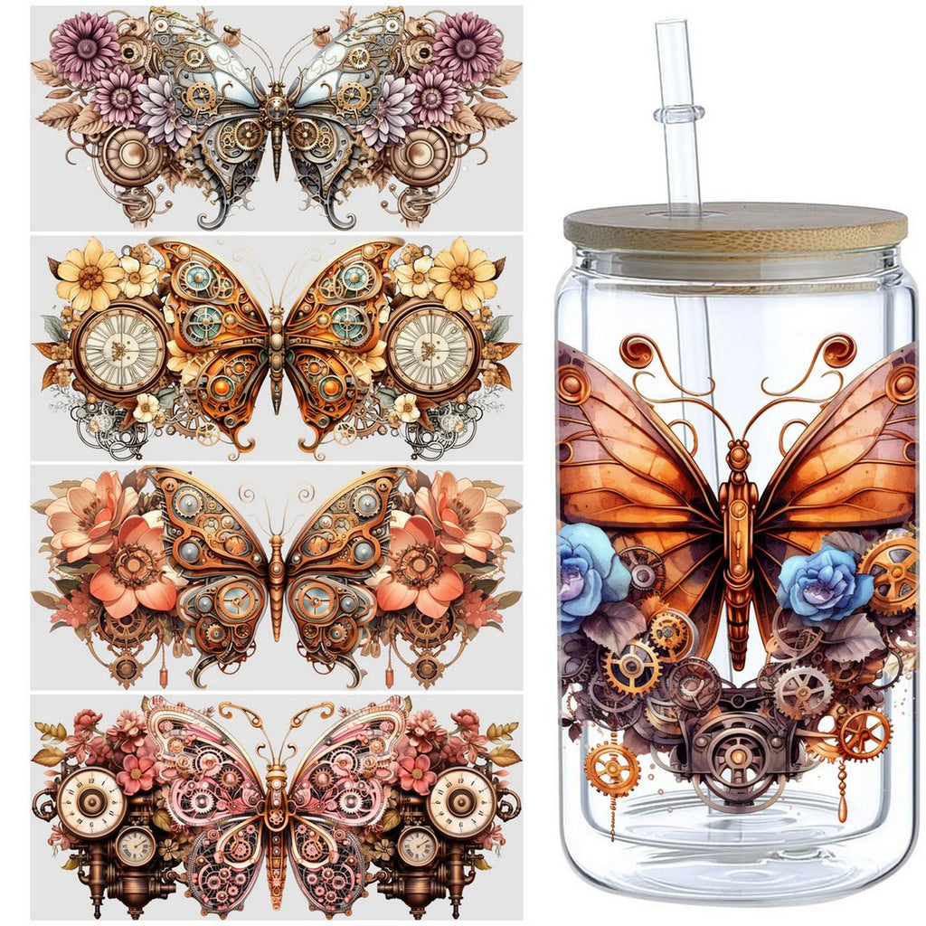 5 sheets Steampunk UV DTF Cup Stickers, DTF Friction Transfer Stickers, Waterproof Cartoon Transfer Stickers for 16oz Glass Cups