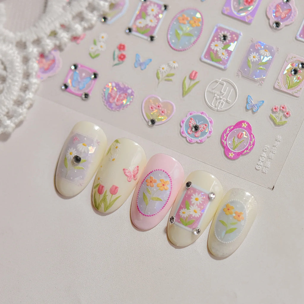 Colorful Daisy Frame Nail Decoration Stickers 5D Crystal Diamond Nail Art Stickers DIY Self Adhesive Bow Flowers Manicure Decals