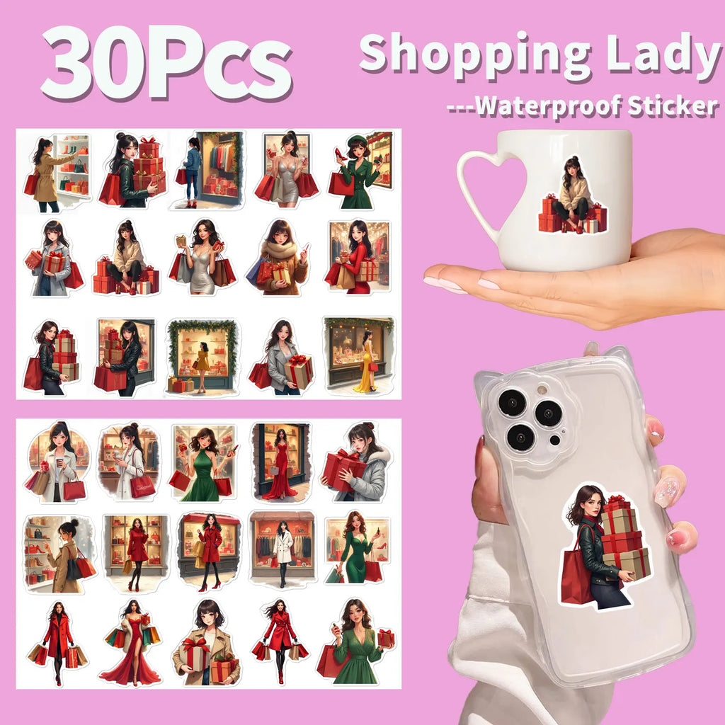 30Pcs/Set Irregular Christmas Shopping Time Lady Waterproof Stickers Reusable/No Residue DlY Craft Decoration Scrapbooking Label