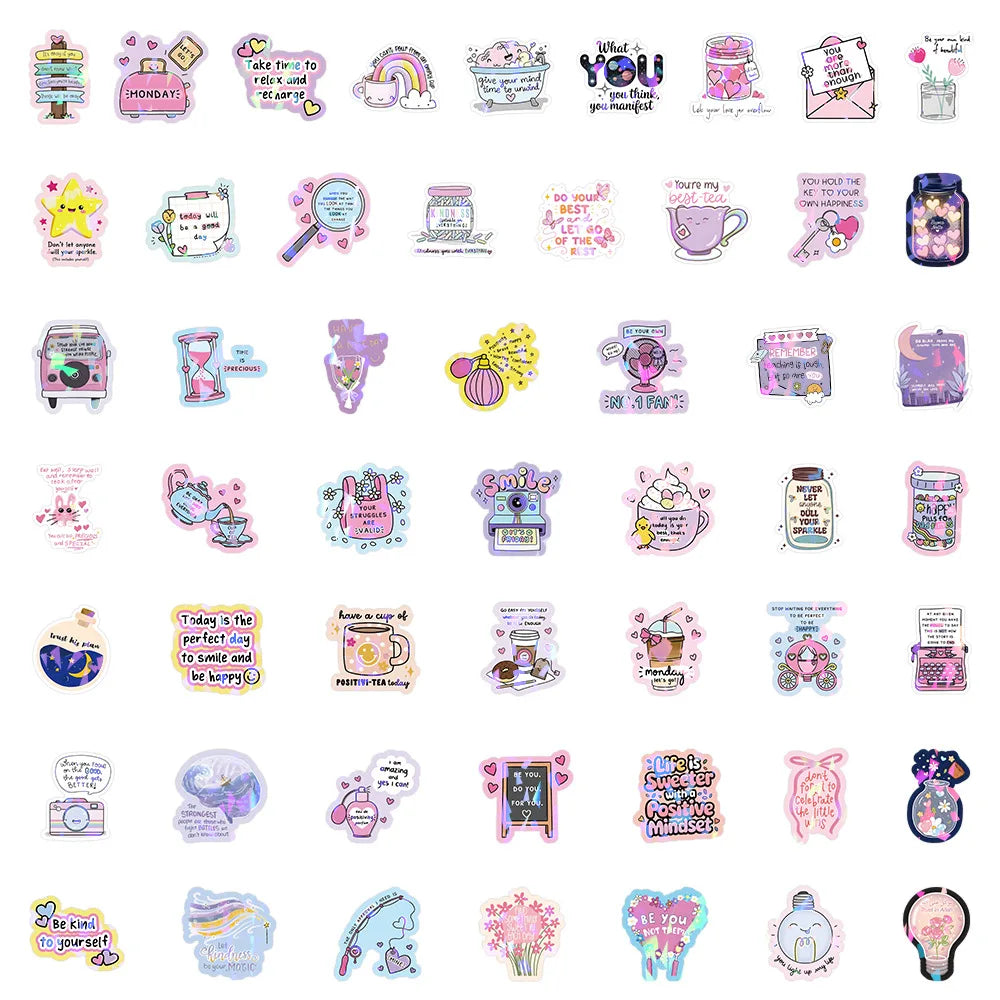 50-Pack Shiny Film Cartoon Motivational Quote Stickers for Student Supplies Notebook Luggage Fridge Car Waterproof Decals