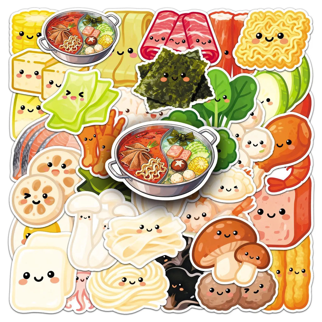 50Pcs Cartoon Hot Pot Ingredients Stickers, Cute Veggie Food Doodle Decals for Notebook Phone Cup Fridge Kitchen DIY Decor