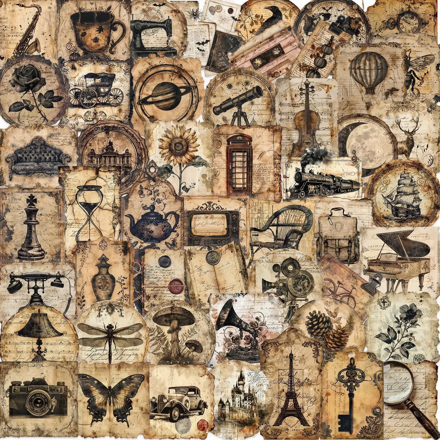 50Pcs Vintage-style Original Memory Theme Stickers Decorating Notebooks Drawers Desks Guitars Pianos PET Transparent Stickers