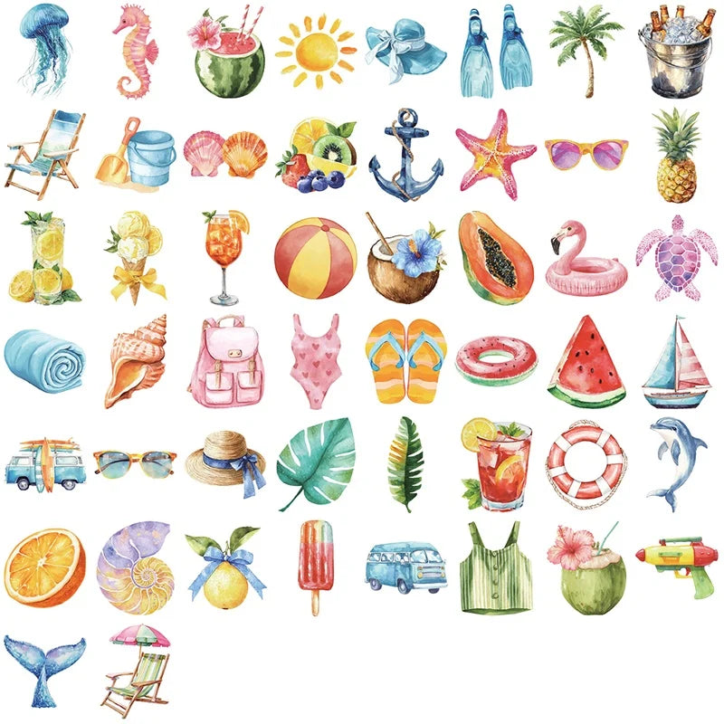 50PCS Cute Watercolor Summer PET Sticky Sticker Aesthetic Tear Open DIY Decoration Scrapbooking Sketchbook Supplies for Kids
