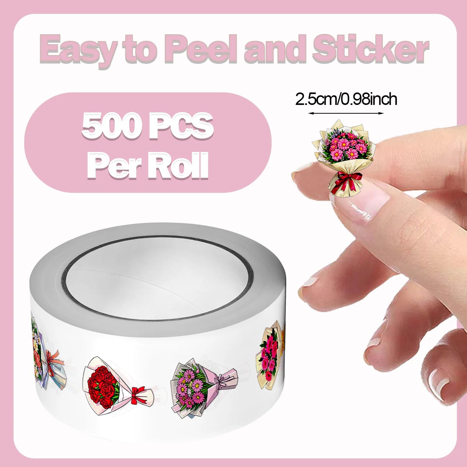 1Roll(500Pcs) Pretty Flowers Gifts Stickers 2.5cm/1.0'' 10 Designs Decals Diy Adorn Gifts Suitable for Various Gifts Home Decor