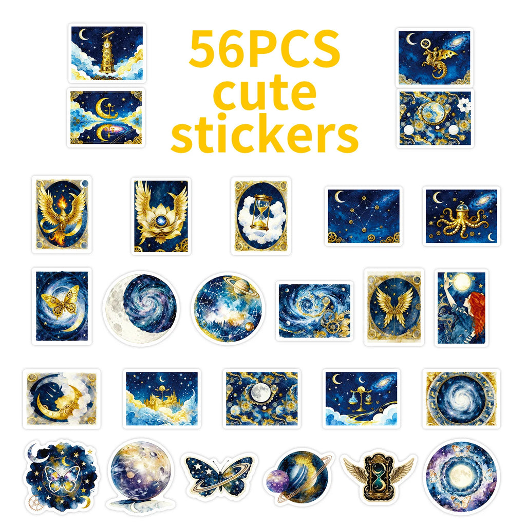 56PCS Dreamy Galaxy Blue Gold Stickers, Phone Tablet Student Stationery Creative Fantasy Decorative Waterproof Art Sticker