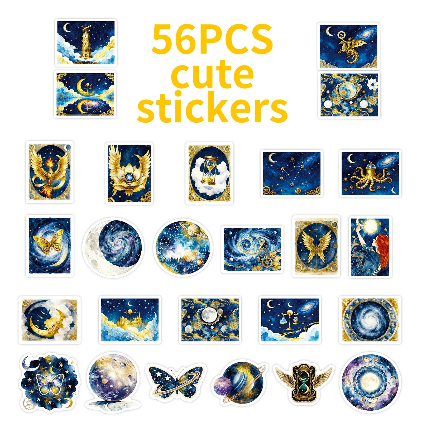 56PCS Dreamy Galaxy Blue Gold Stickers, Phone Tablet Student Stationery Creative Fantasy Decorative Waterproof Art Sticker