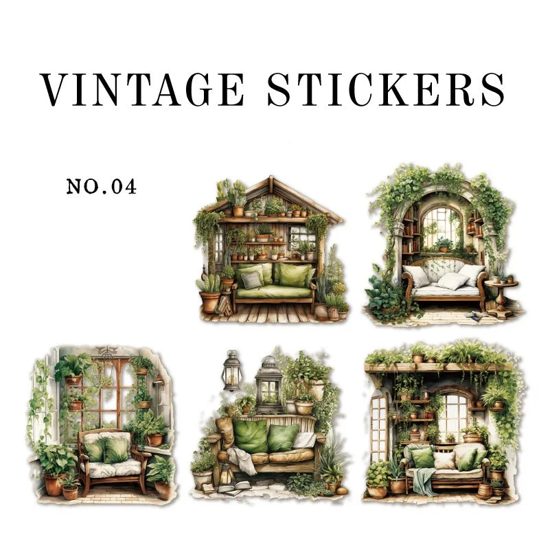 6Style 10pcs/pack Retro Sticker Pack Creative Study Garden Courtyard Handbook DIY Material Decor Sticker For Stationary Notebook