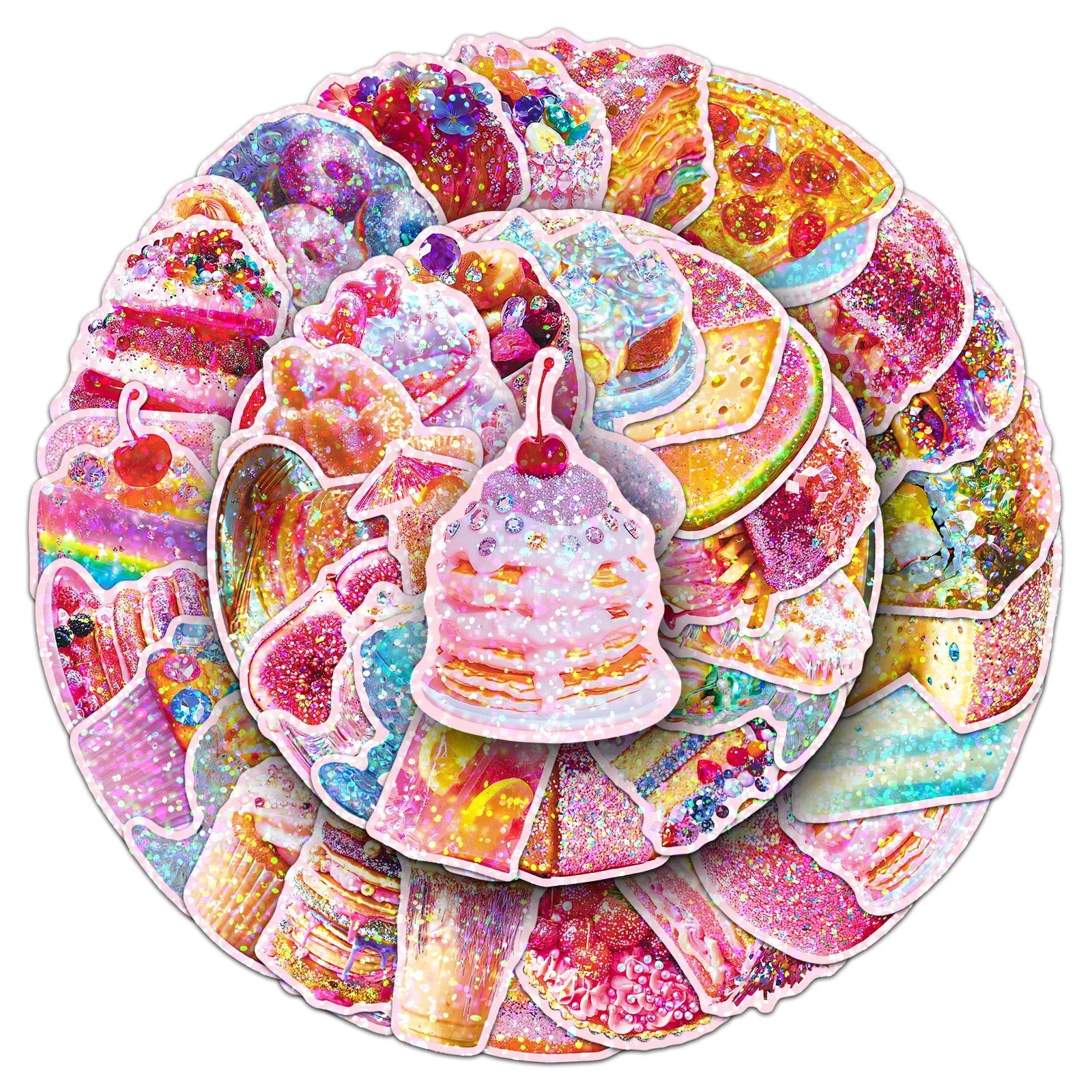 50-Pack Sparkling Laser-Colored Food Dessert Stickers for Notebook Luggage Student Stationery Decoration