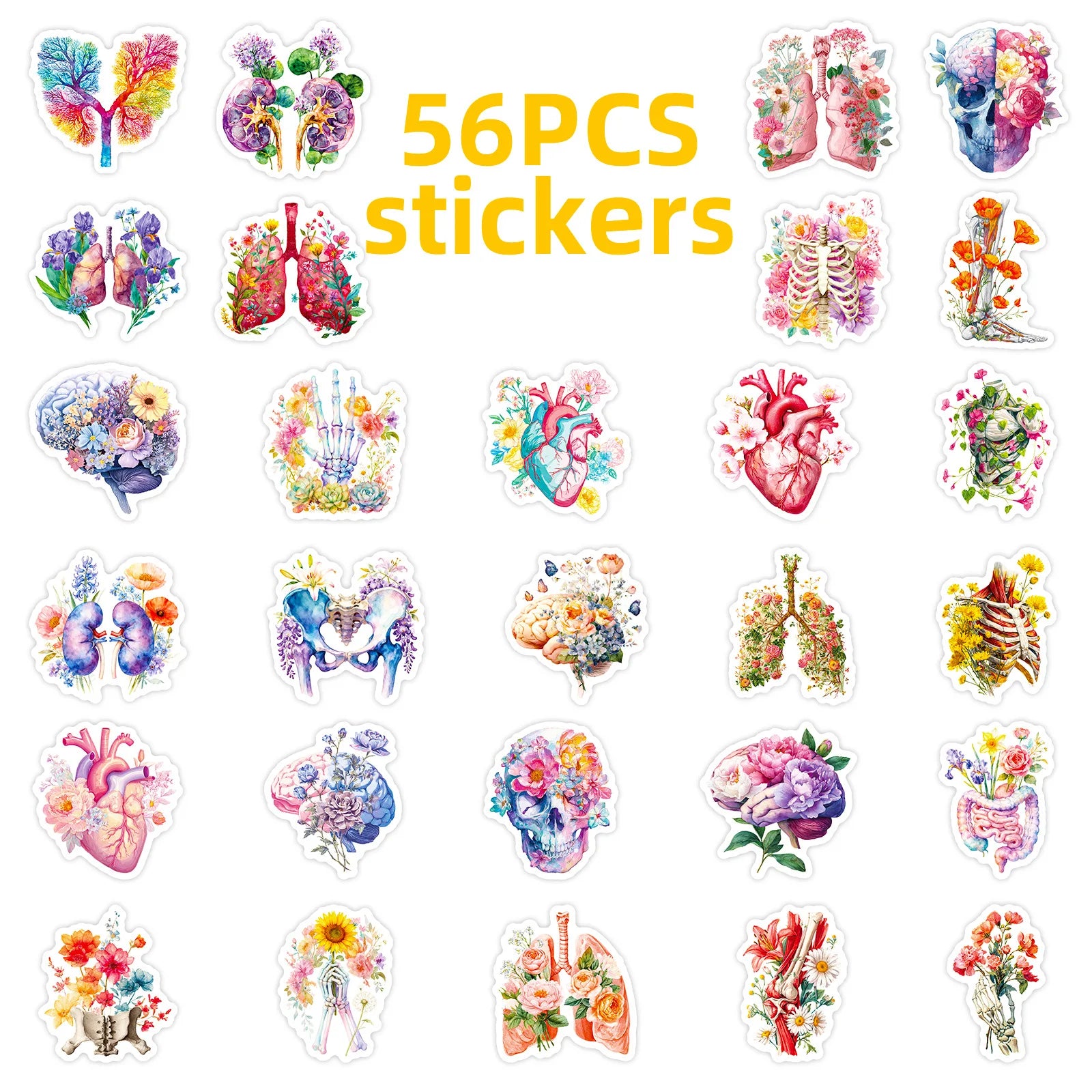 56PCS Human Organ Floral Stickers Medical Student Notebook Stationery Suitcase Skateboard Helmet DIY Decorative Sticker