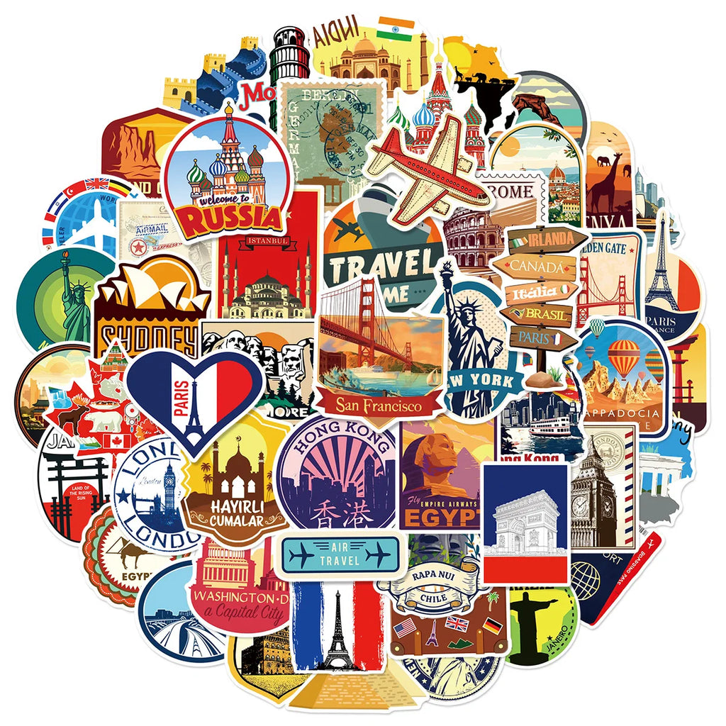 50/100PCS Cartoon World Travel Graffiti Stickers Luggage Car Notebook Skateboard Phone Waterproof Stationery Decor Sticker