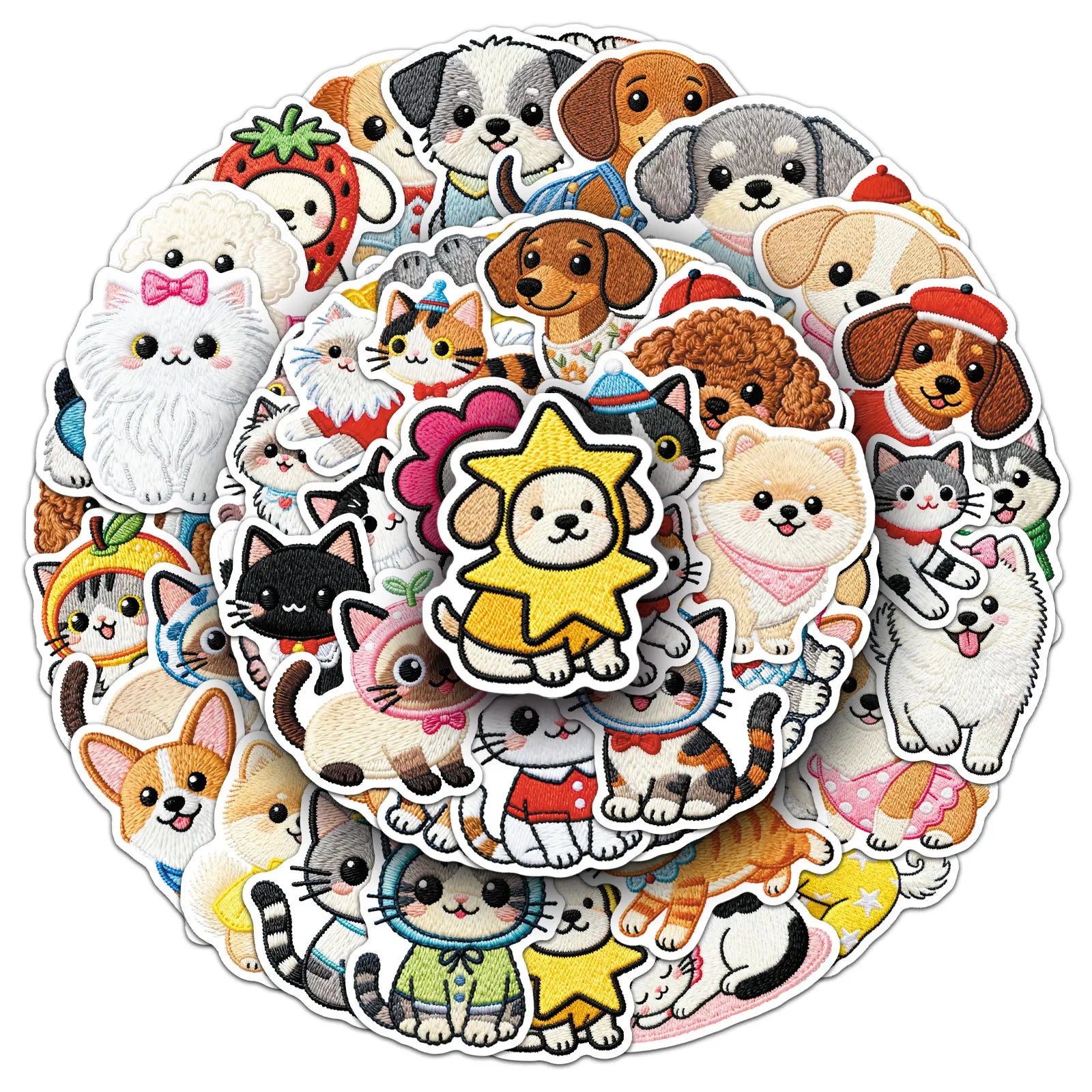 56Pcs Embroidered Style Cartoon Cat & Dog Doodle Stickers, Kawaii Pet Decals for Stationery Notebook Cup Phone Fridge Decor