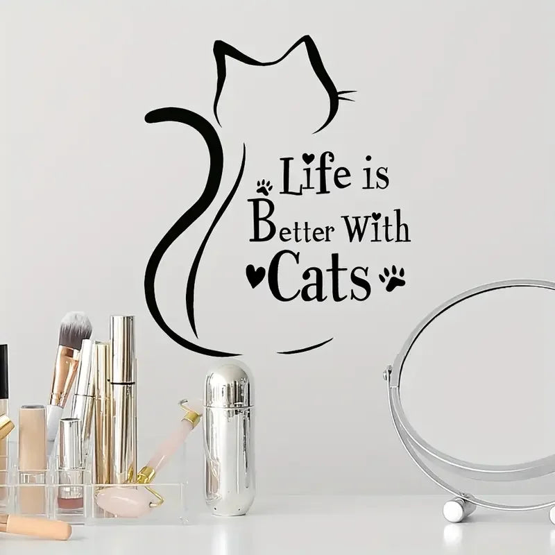 Self-Adhesive Cat Silhouette Wall Decal with "Life is Better with Cats" Quote - Modern Minimalist Animal Print Home Decor Sticke