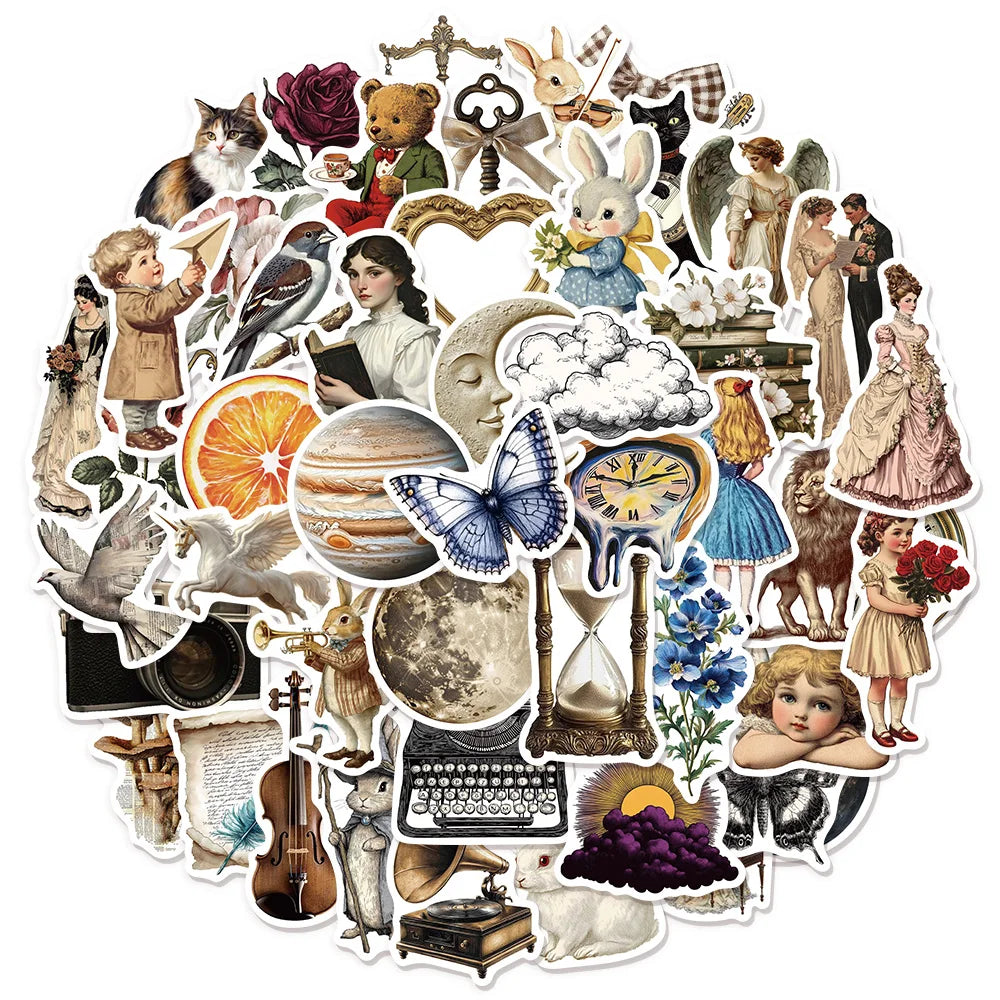 50PCS Retro Art Aesthetic Graffiti Stickers DIY Manual Tags Bookroll Notebook Tablet Toy Stickers