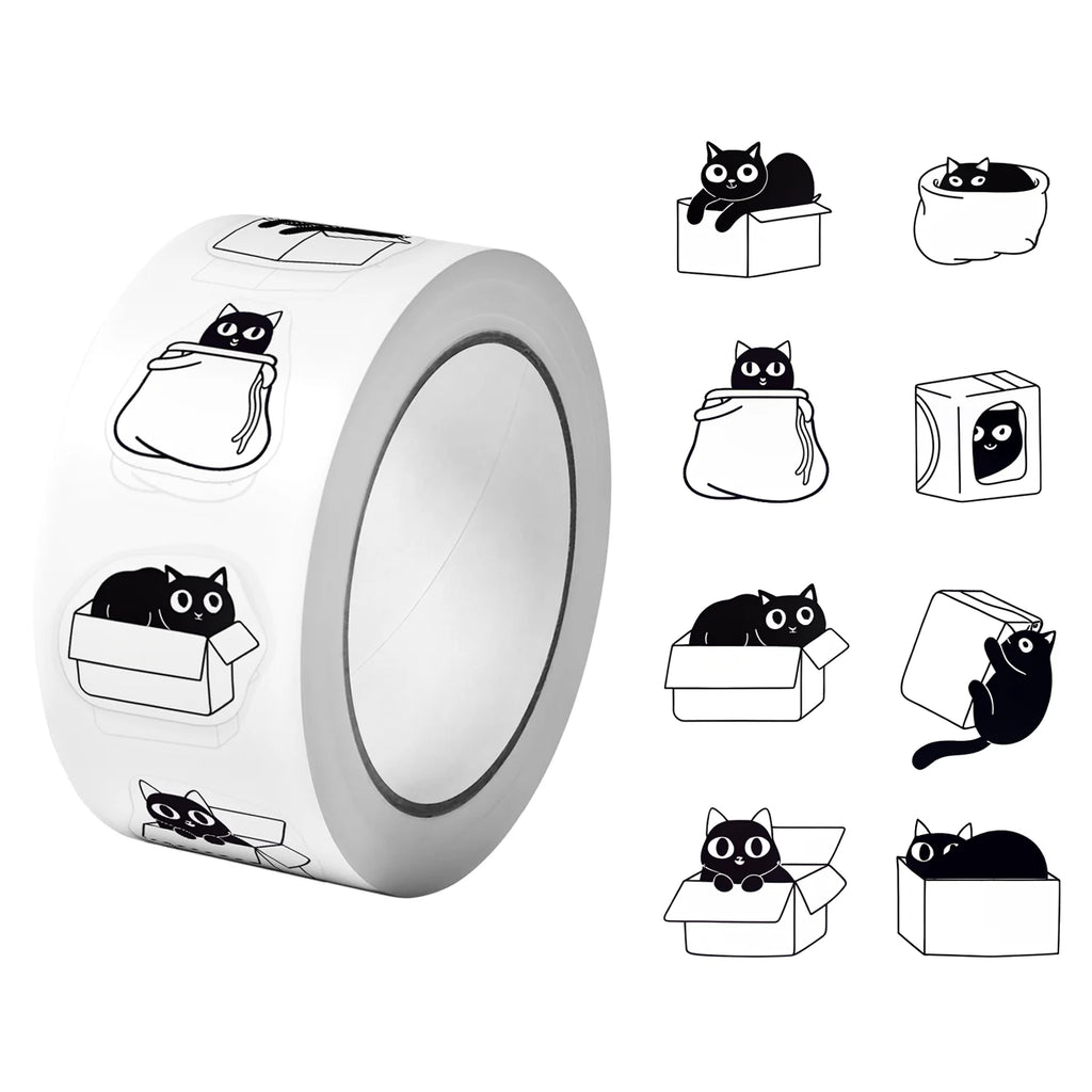 1Roll(500Pcs) Funning Black Cats Hiding and Seeking Stickers 2.5cm/1.0'' 8 Designs Decals Diy Adorn Gifts Packaging Home Decor