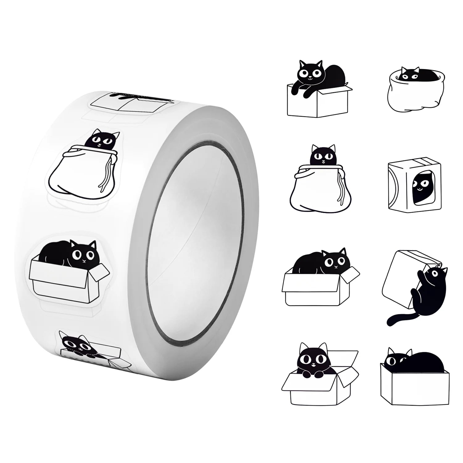 1Roll(500Pcs) Funning Black Cats Hiding and Seeking Stickers 2.5cm/1.0'' 8 Designs Decals Diy Adorn Gifts Packaging Home Decor