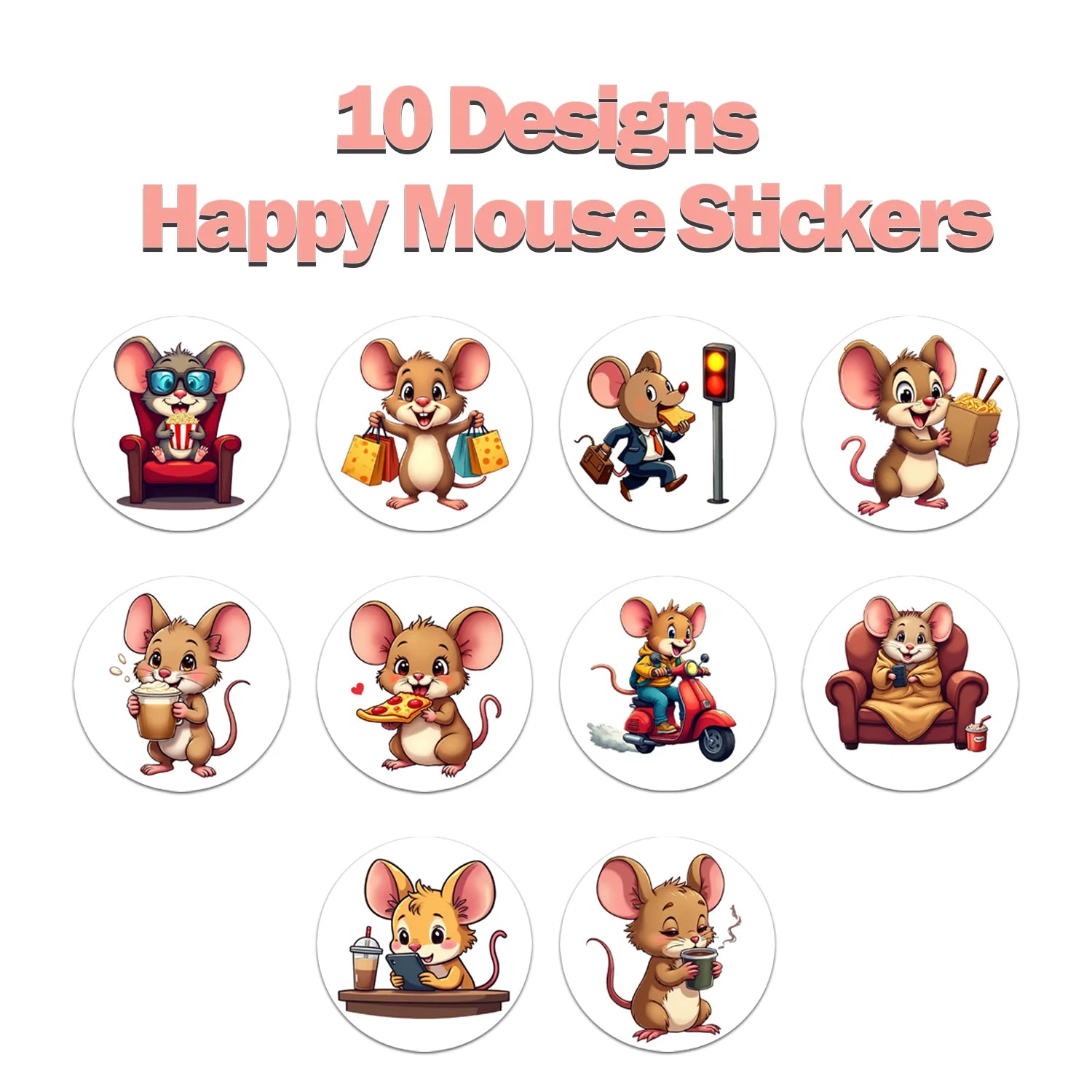 1Roll(500Pcs) Cute City Mouse Happy Life Stickers 2.5cm/1.0" 10 Designs Packaging Home Decor Seal LabelsDecals Diy Adorn Gifts