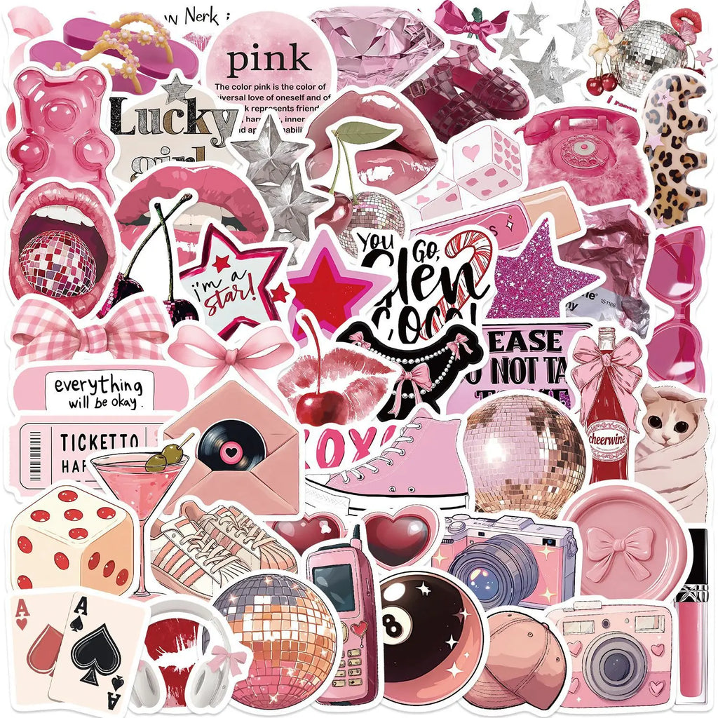 50/100PCS Cartoon Pink Downtown Girl Stickers Decorative Guitar Notebook Luggage DIY Waterproof Stationery Stickers