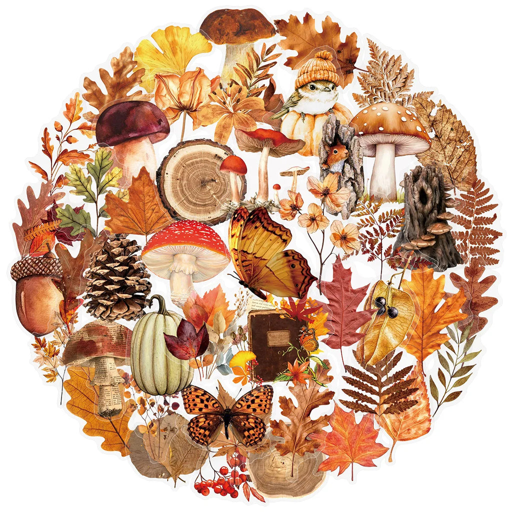 50/100Pcs Autumn Forest Animal & Plant Transparent Sticker School Stationery Decals Notebook Luggage Phone Fridge Stickers