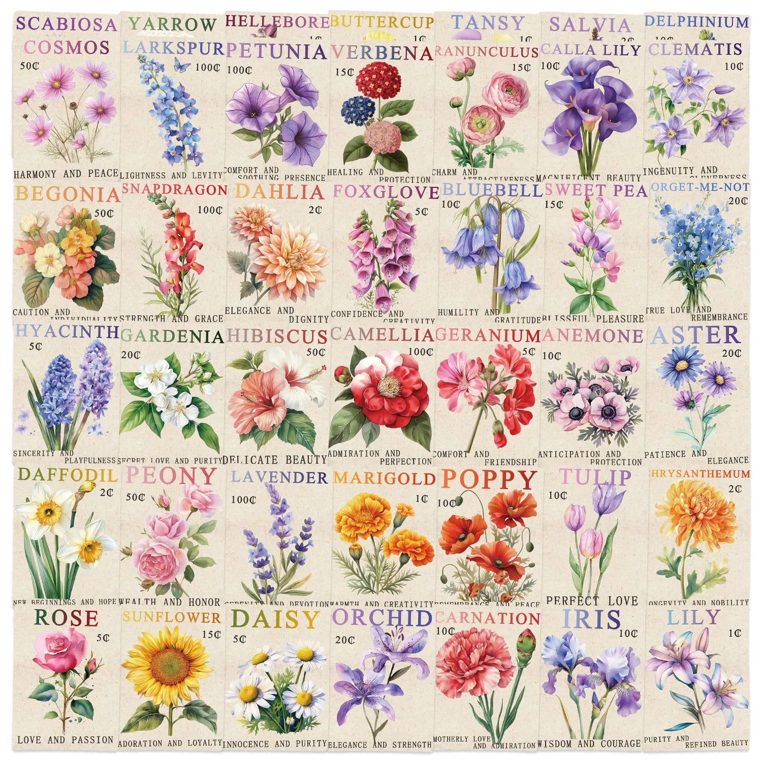 50/100PCS Cartoon Retro Stamps Flower/Marine Aesthetics DIY Waterproof Stickers For Decor Guitar Notebook Luggage Stationary