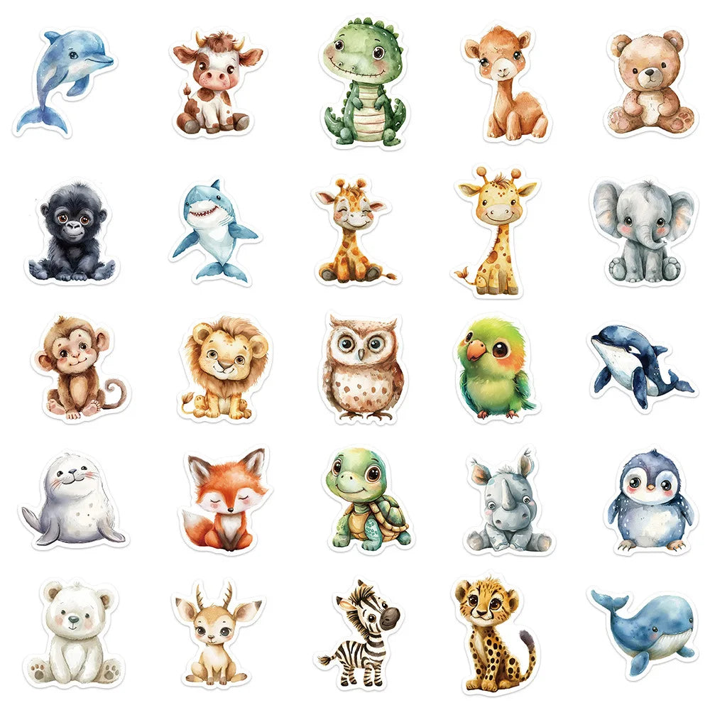 50PCS Cute Watercolor Animals Graffiti Stickers Cartoon DIY Skateboard Phone Case Laptop Waterproof Cool Sticker Decals Toy