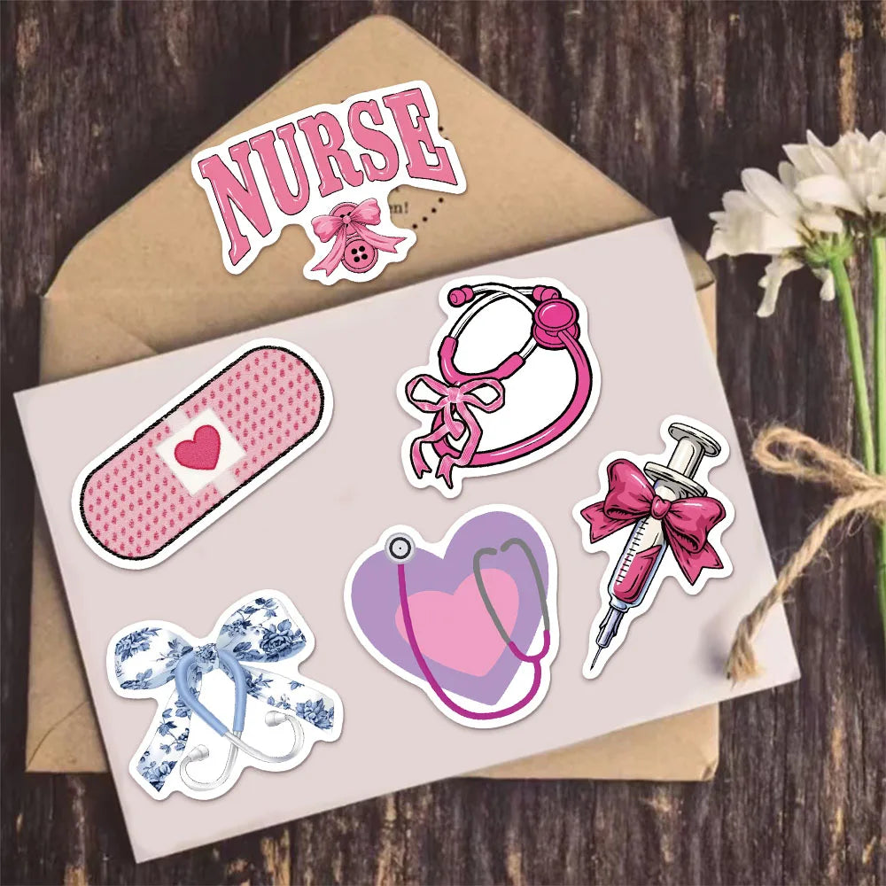 50PCS Pink Bow Nurse Creative DIY Stickers Sketchbook Handmade Mobile Luggage Skateboard Waterproof Stickers
