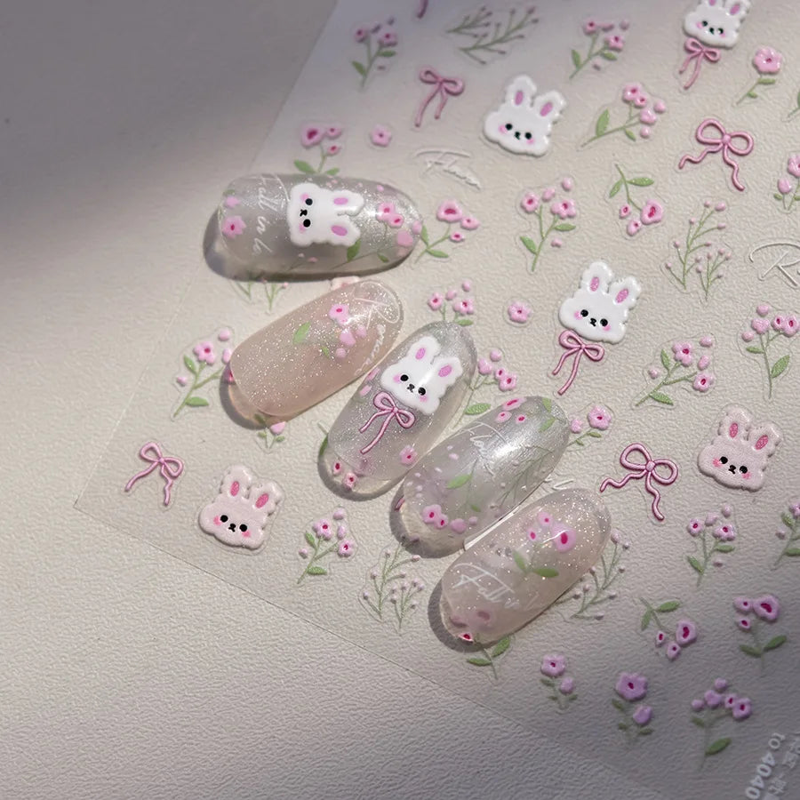 1pcs 5D Kawaii Rabbit Nail Stickers Embossed Cartoon Pink Blue Flower Adhesive Nail Art Decorations Decals Slider DIY Accessory