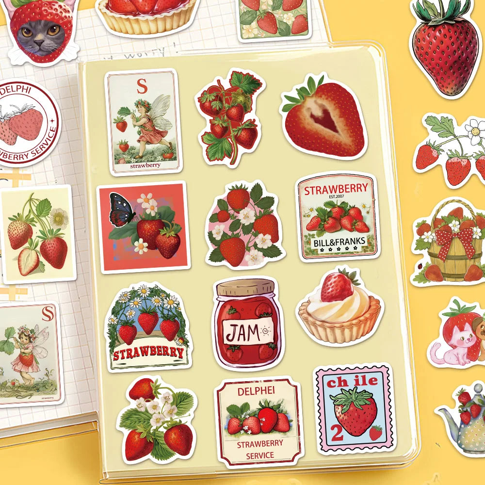50PCS Red Strawberry Ins Fun DIY Stickers Scrapbook Manual Mobile Luggage Skateboard Waterproof Stickers