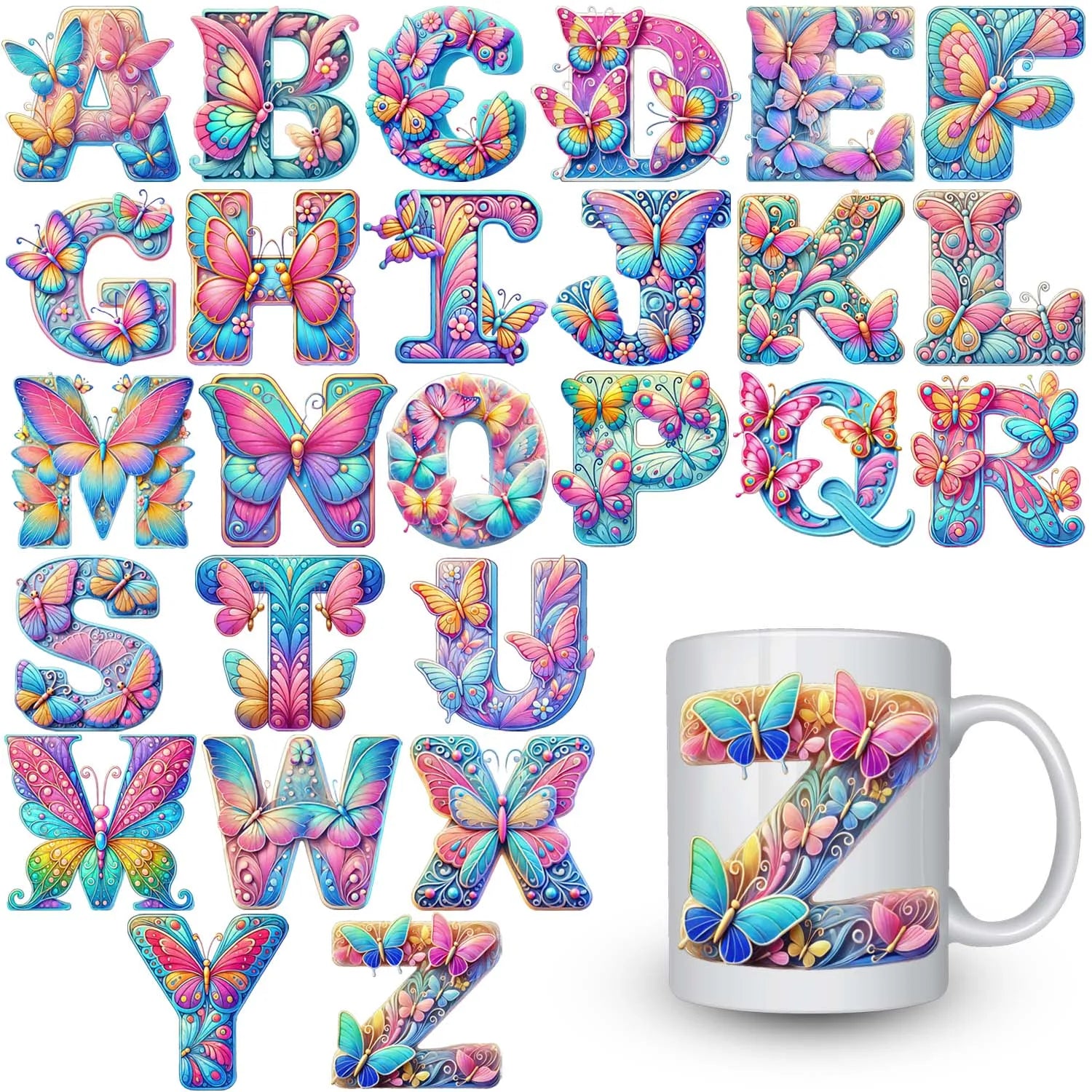 1 set of A~Z letter flower UV DTF transfer stickers, waterproof wipe transfer stickers, suitable for glasses
