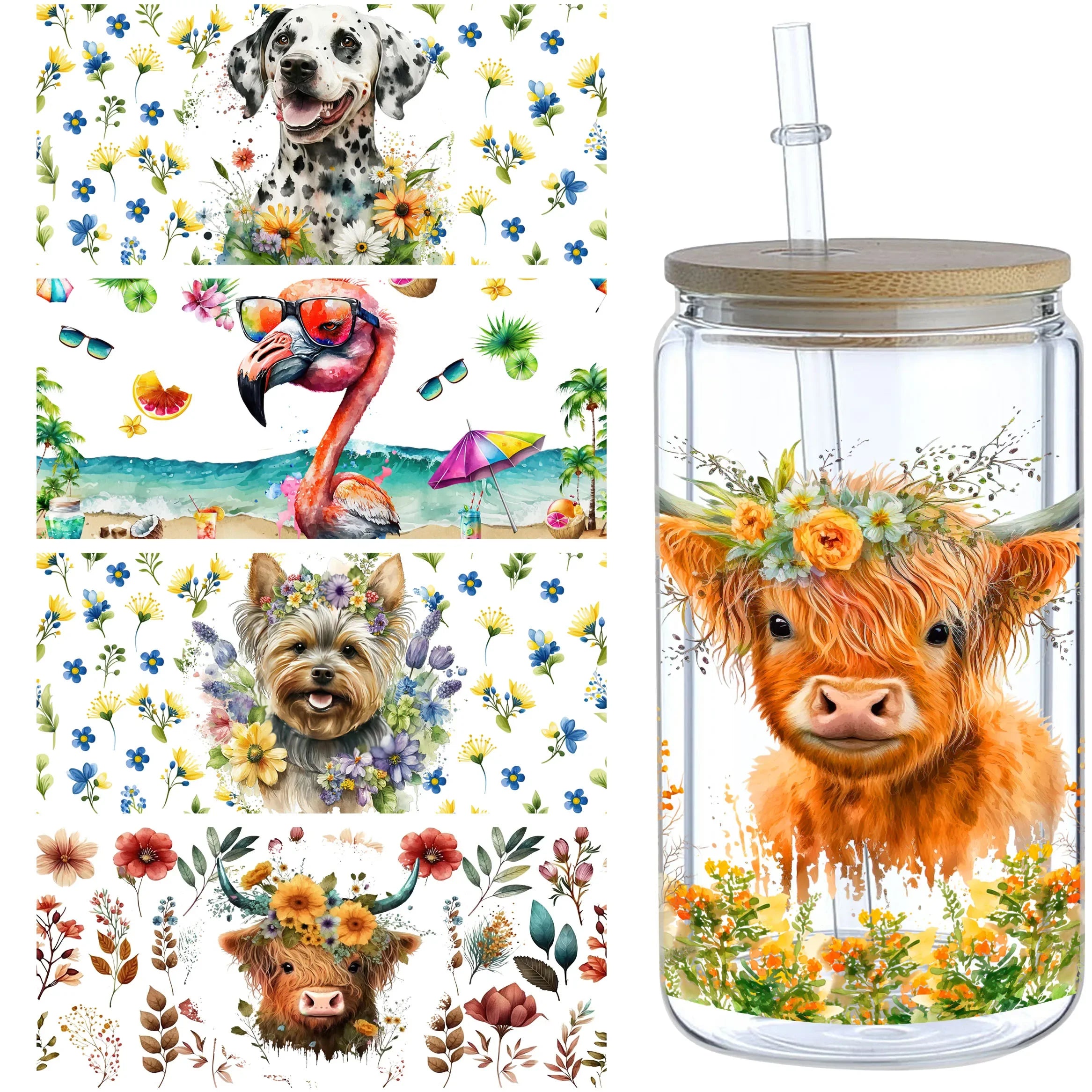 5 sheets of Animal,UV grade waterproof and scratch-resistant self-adhesive paper,3D crysta for DIY mugs,water bottles,glass cups