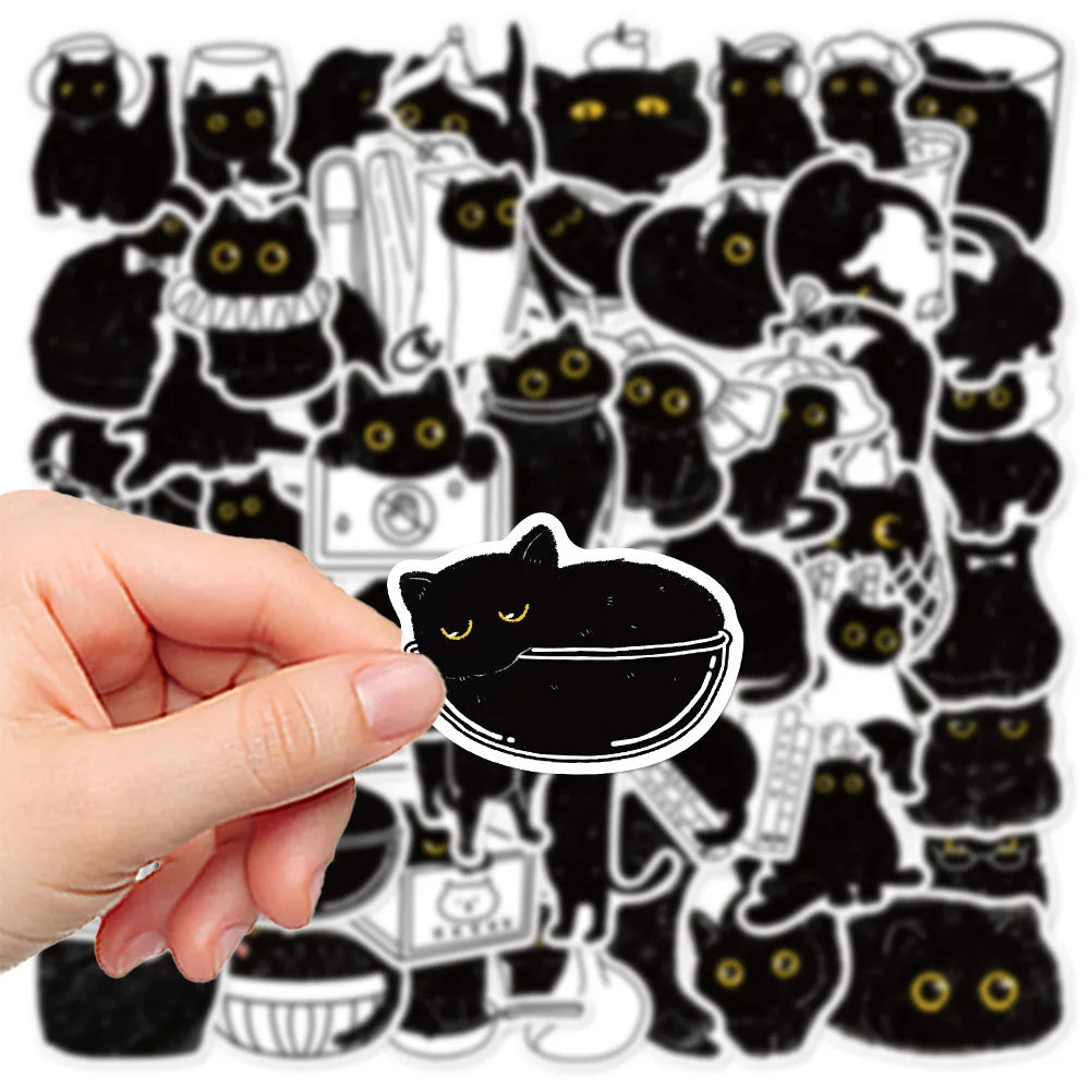 50PCS Black Cat Log Stickers Pack Cartoon Account Children Stickers Phone Water Cup Notebook Decoration