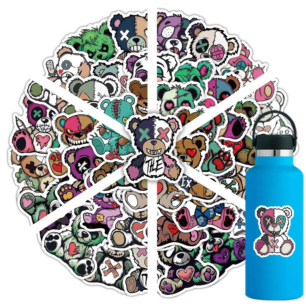 54/108 Pcs Cartoon Horror Cute Monster Bear Thick Waterproof Stickers for Cup Phone Stationery Box Helmet Headphone Notebook