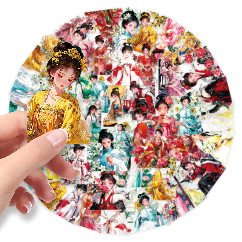 50/100PCS Transparent Stickers Cartoon Girl Hanfu Exquisite PET Notebook Account Stationery Stickers