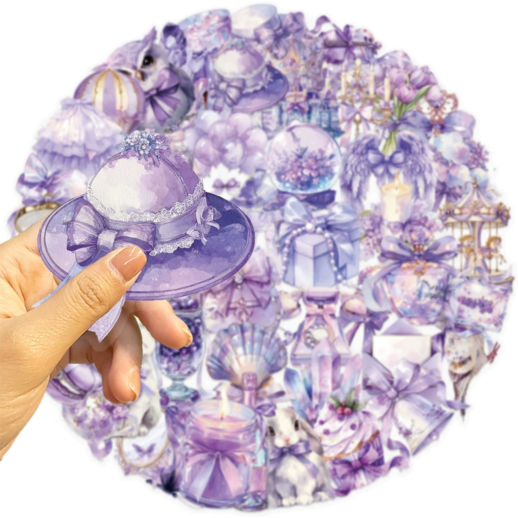 50/100PCS Cartoon Purple Dream Stationery Notebook Sticker Pack Waterproof Transparent PET Decorative Guitar Laptop Stickers