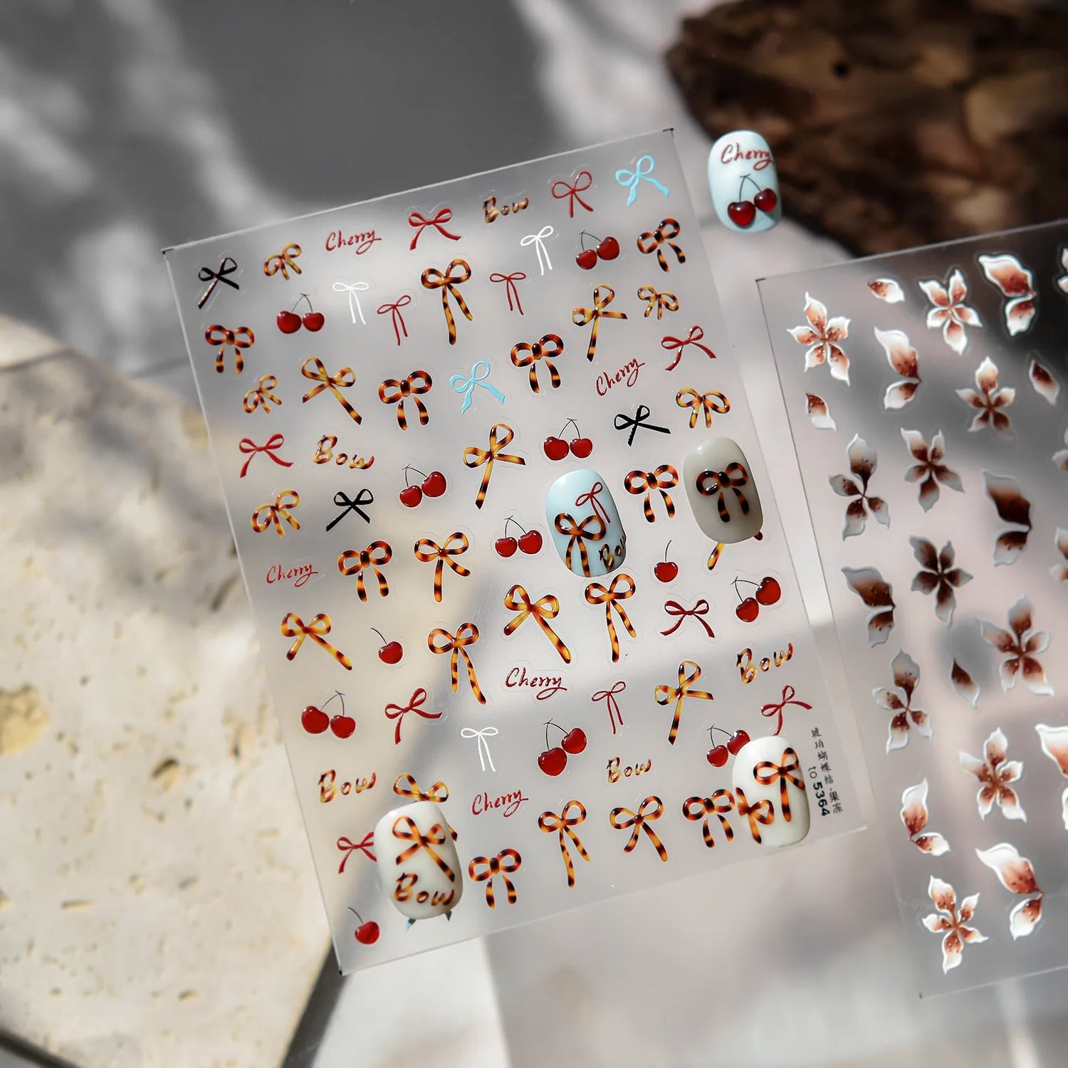 Autumn Winter Red Bows Nail Stickers 5D Jelly Amber Bows Cheery Self Adhesive Nail Art Stickers DIY Manicure Decorations Decals