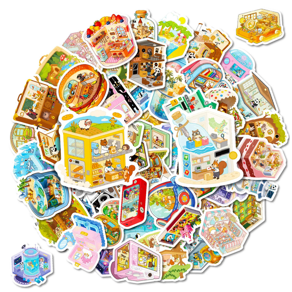 56PCS Cute 3D Scene Stickers, Office School Supplies Children Notebook Stationery Suitcase Waterproof Art Sticker