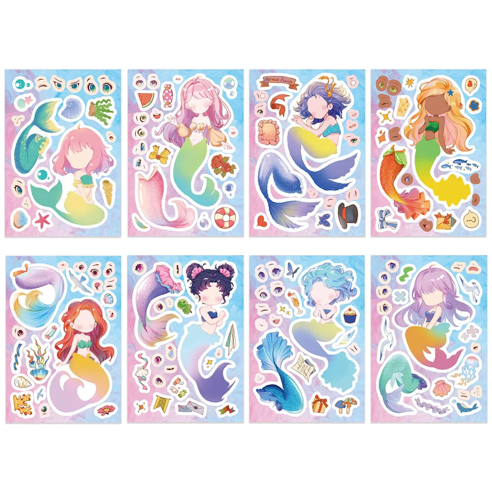 8PCS Cute Mermaid Cartoon Collage Stickers Set DIY Brochure Decorative Notebook Tablet Toy Stickers