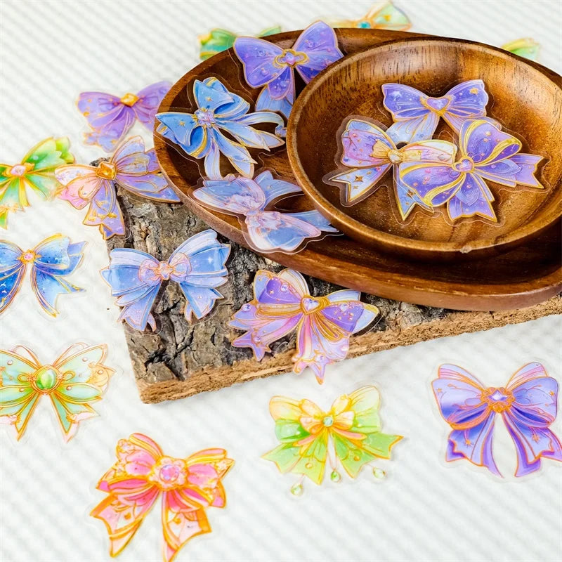 56PCS Kawaii Dreamy Bow PET Sticky Sticker Aesthetic Tear Open DIY Decoration Scrapbooking Sketchbook Supplies for Kids