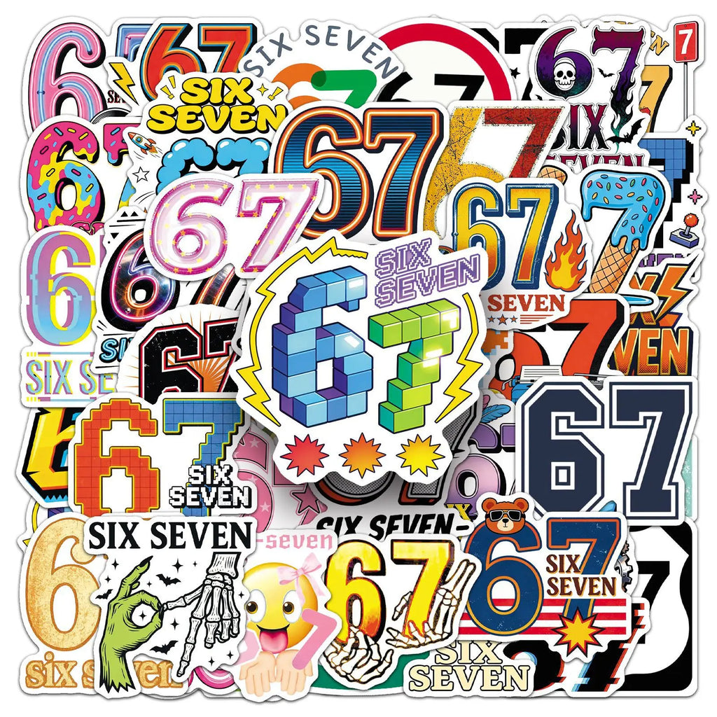 50PCS Cartoon Number 67 Stickers, Funny Meme Six Seven Student Stationery Notebook Waterproof Decorative Stickers