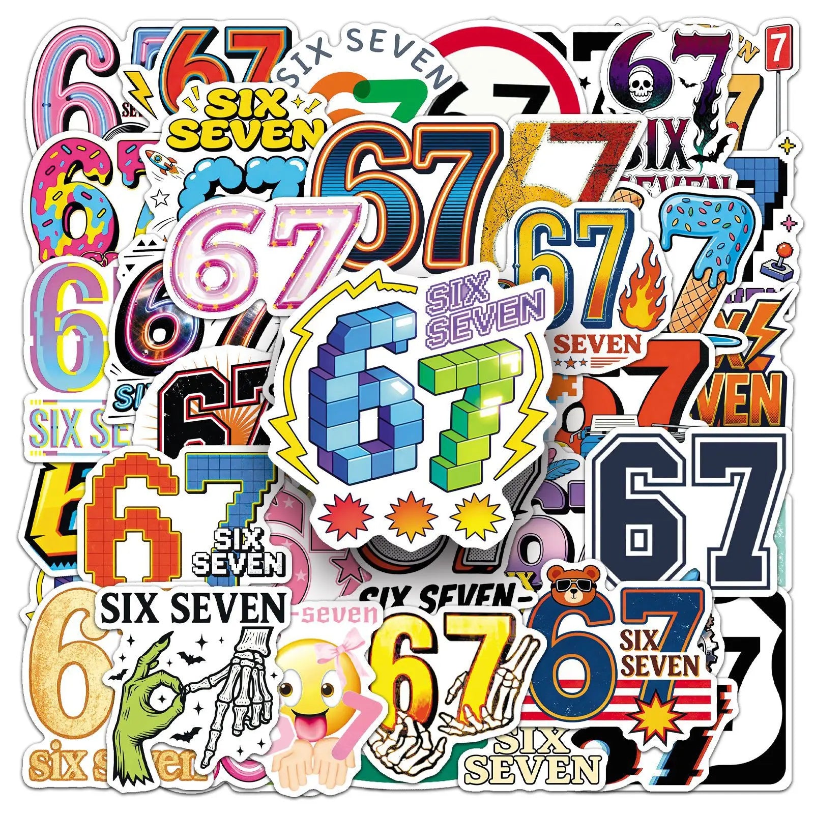 50PCS Cartoon Number 67 Stickers, Funny Meme Six Seven Student Stationery Notebook Waterproof Decorative Stickers