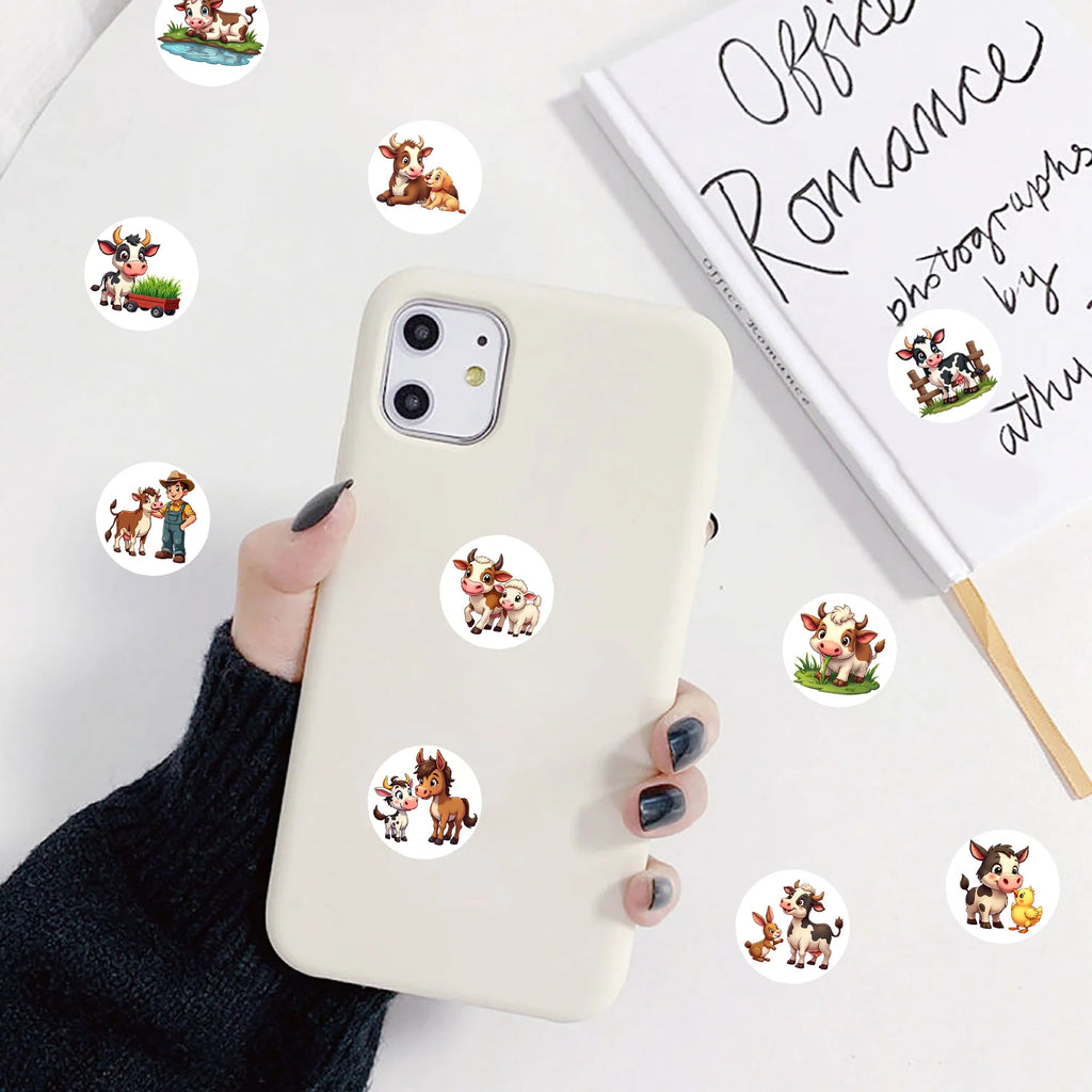 1Roll(500Pcs) Kawaii Little Cow and Farm Friends Stickers 2.5cm/1.0'' 10 Designs Decals Diy Adorn Gifts Package Sealing Labels