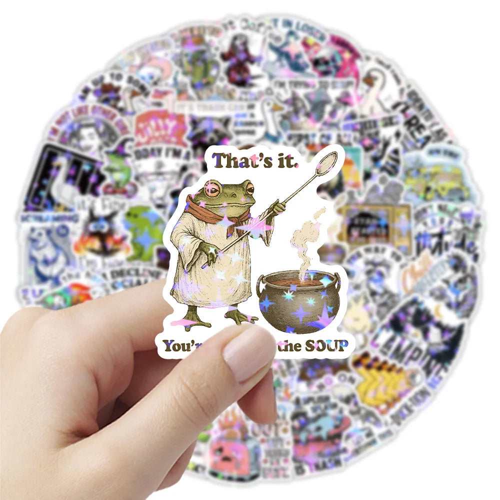 50/100PCS Cartoon Holographic Satirical Quotes Stickers Creative Funny English Funny Graffiti Decoration DIY Stationery Sticker