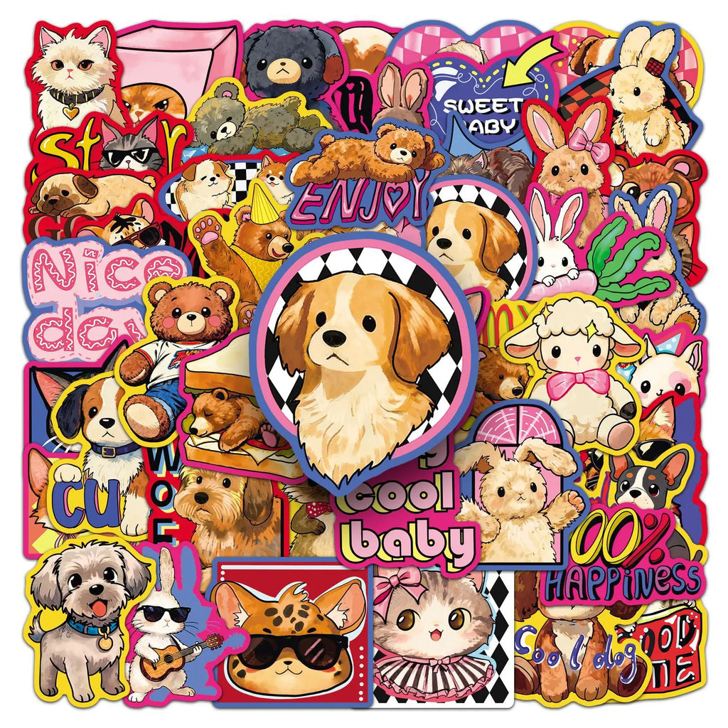 50Pcs Trendy Retro Cartoon Animal Stickers Stationery Notebook Phone Cup Guitar Fridge Luggage DIY Decor Cool Waterproof Sticker