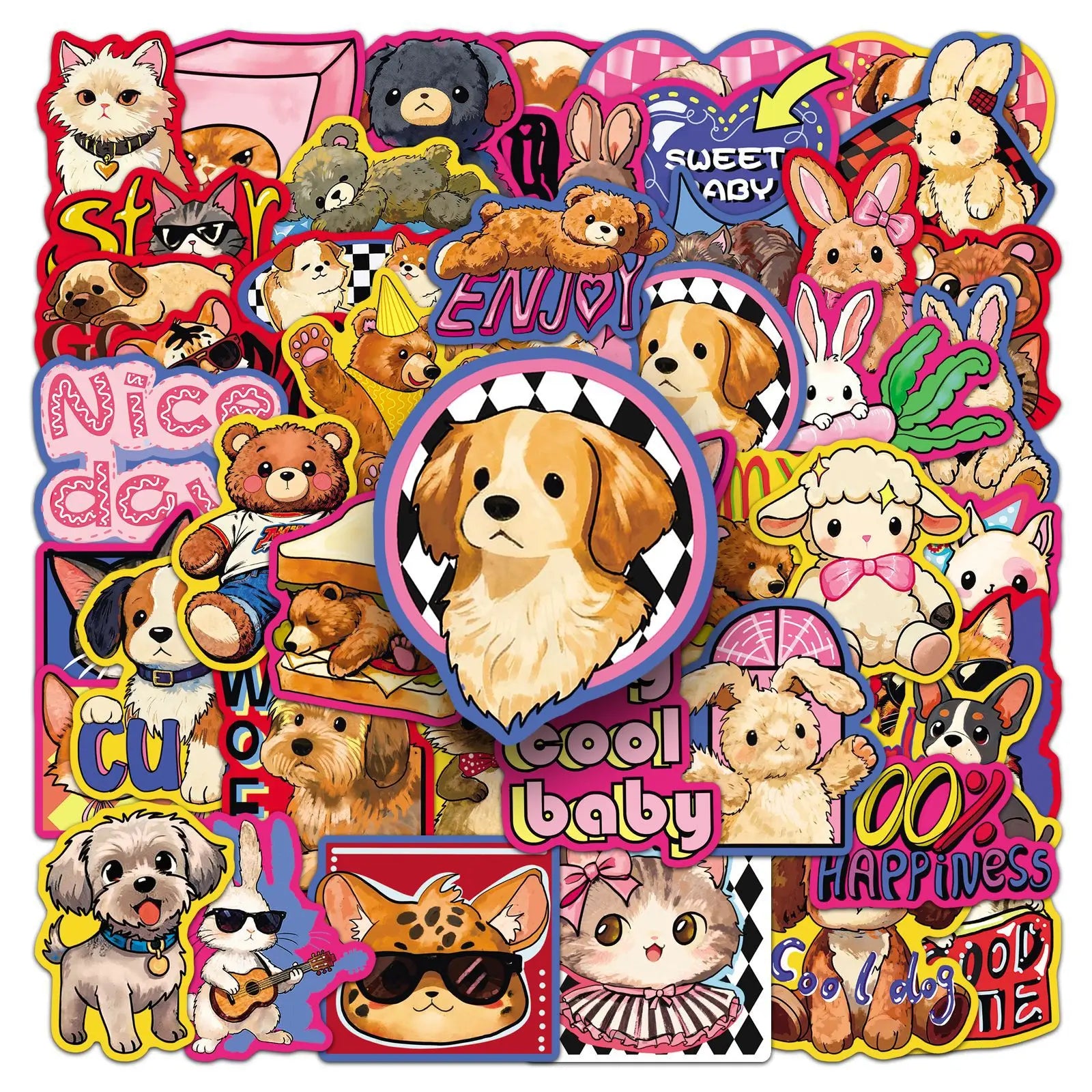 50Pcs Trendy Retro Cartoon Animal Stickers Stationery Notebook Phone Cup Guitar Fridge Luggage DIY Decor Cool Waterproof Sticker